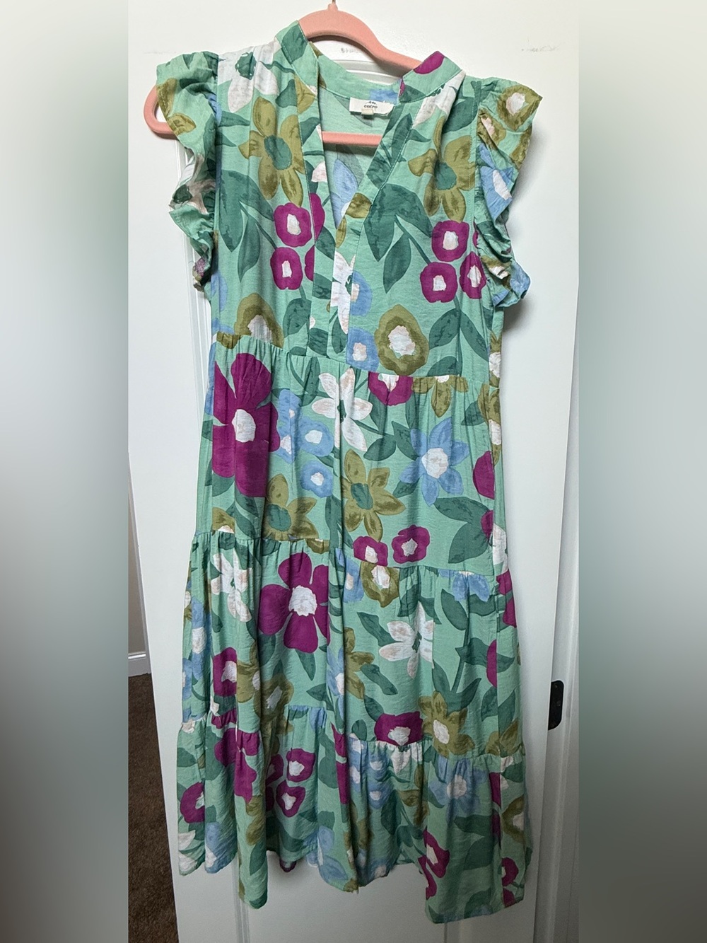 entro Floral Tiered Casual Dress in Mint Green and Magenta